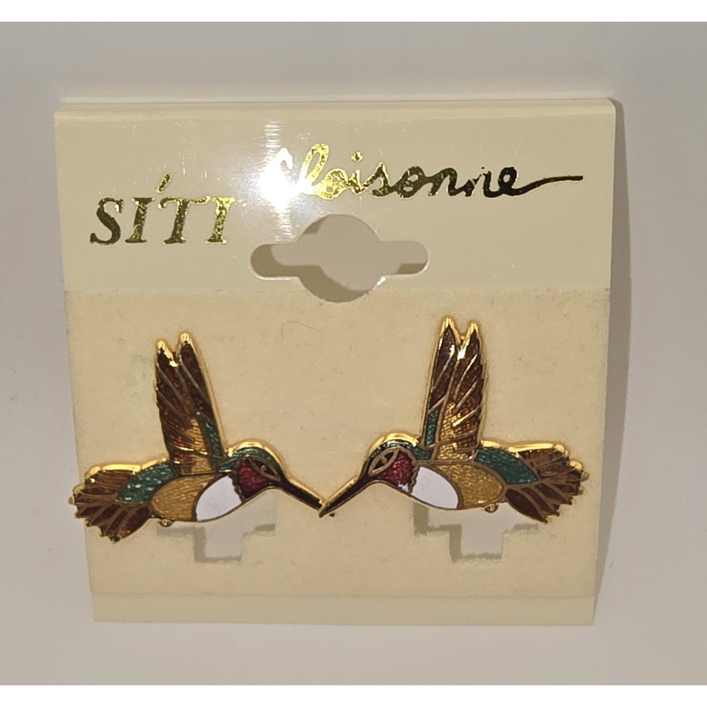 Vintage SITI Cloisonne Hummingbird Clip On Earrings Enamel Taiwan NOS -3588